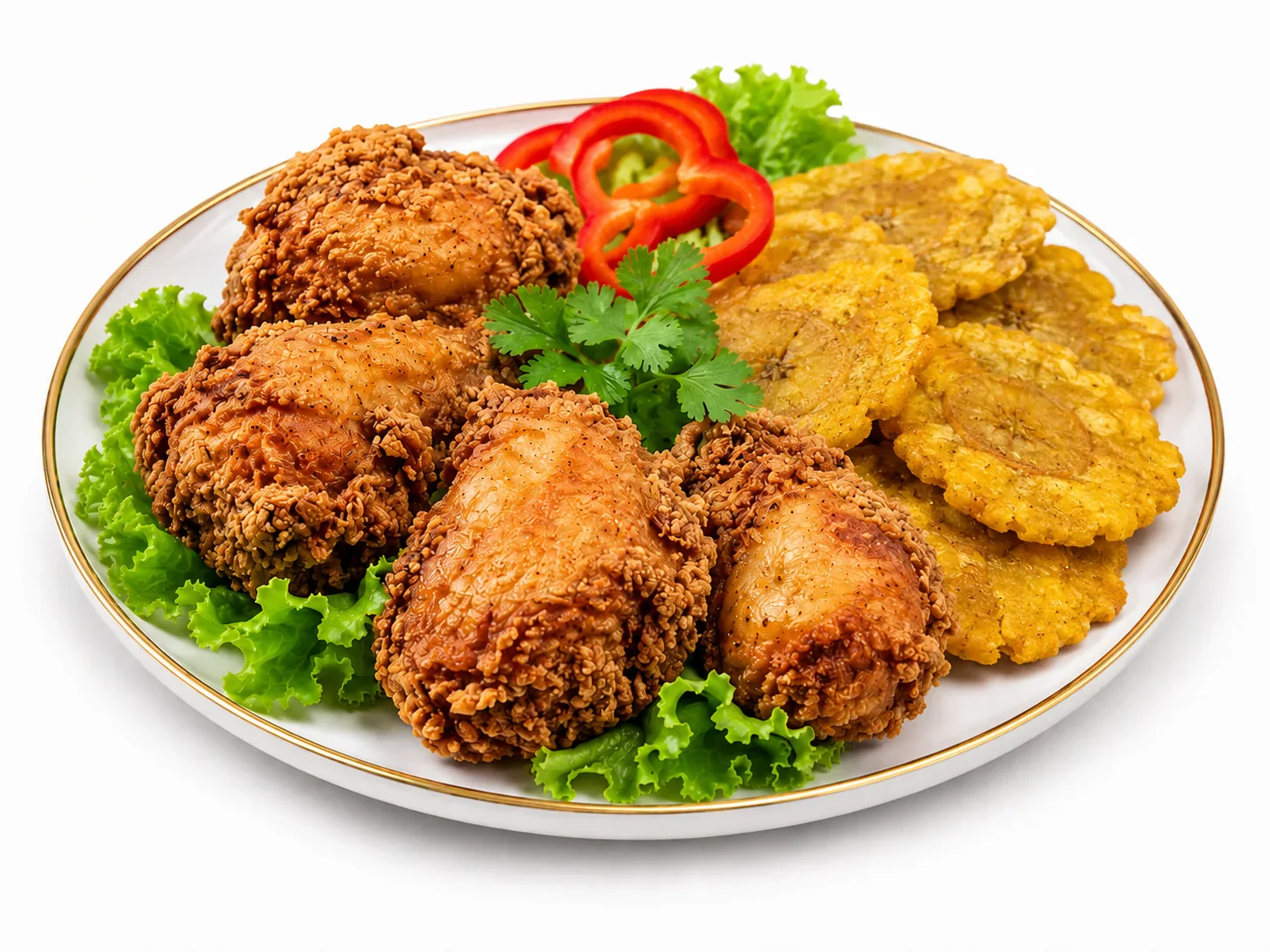 Fried chicken with golden tostones, lettuce, peppers, and cilantro