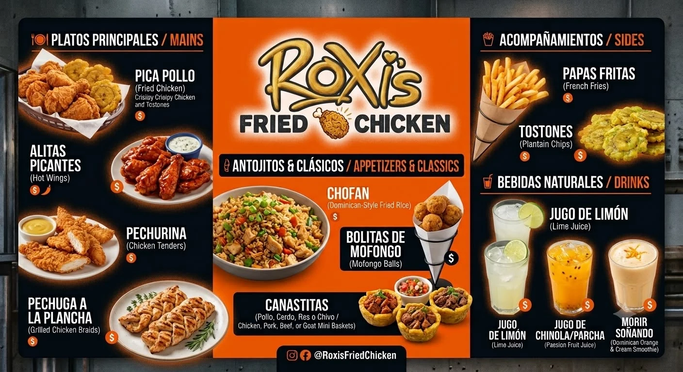ROXI’S menu board featuring Dominican fried chicken, hot wings, chicken tenders, grilled chicken, chofán, mofongo balls, fries, tostones, lime juice, passion fruit juice, and morir soñando